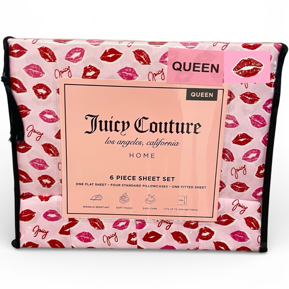 Juicy Couture 6-pc Queen Sheet Set JC Pink Lots of Kisses 2 Extra P/C's NEW NIP